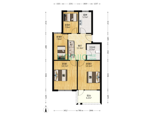 宝领新村 4室1厅1卫 84平方