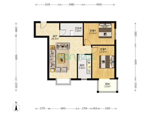 满两年 军怡公馆  经典两居室-户型图