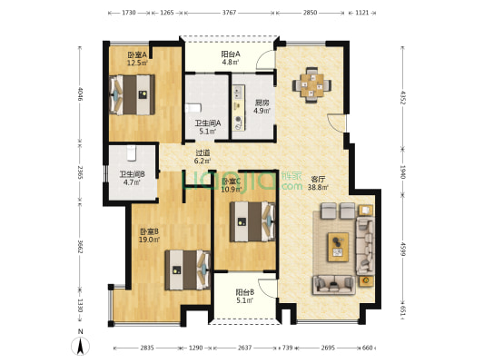 藏龙甲第 3室1厅2卫 129平方