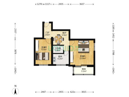 护国寺西巷57号院 2室1厅1卫 54平方