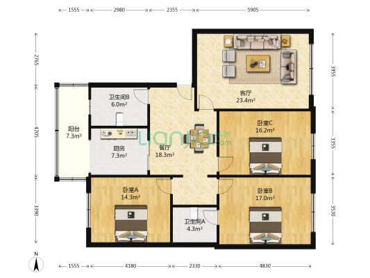 南宁小区 3室2厅2卫 125平方