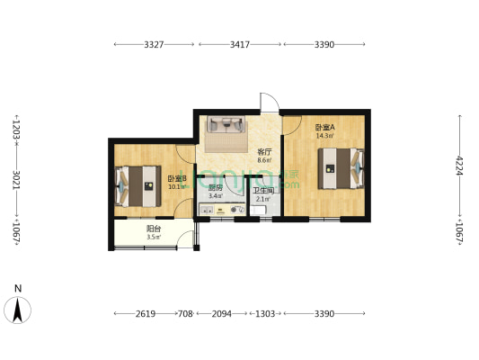 月牙池 2室1厅1卫 52平方