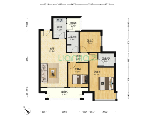 中国铁建南国天骄一期 3室1厅2卫 91平方