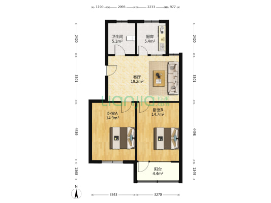 嘉鹿花园 2室1厅1卫 74平方