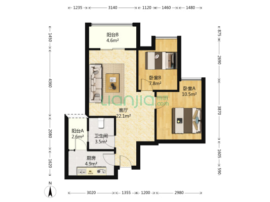 天园 2室1厅1卫 72平方