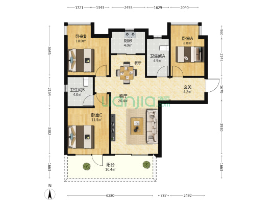 美的慧城 3室1厅2卫 100平方