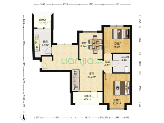大爱城 2室2厅1卫 97平方