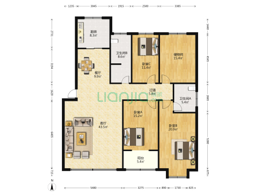怡景公寓 3室2厅2卫 190平方