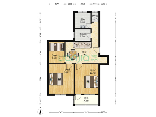 庆南小区 3室1厅2卫 82平方