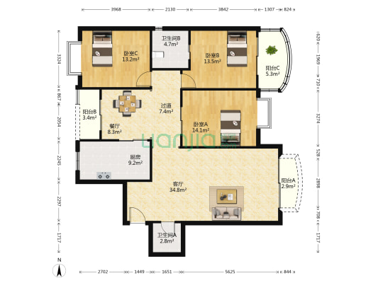 金泰公寓 3室2厅2卫 142平方