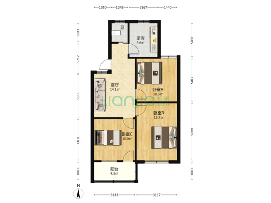 五院家属院 3室1厅1卫 72平方