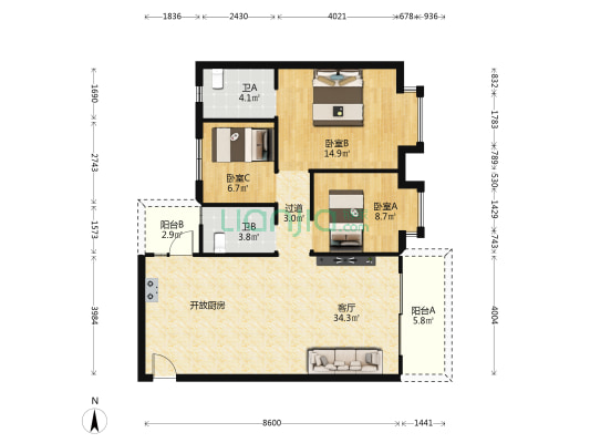 雅致名轩 3室1厅2卫 100平方