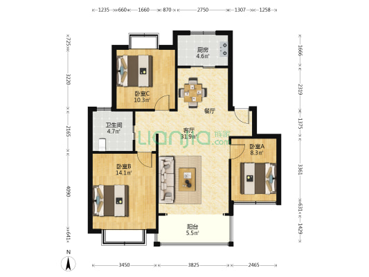 上层9号 3室1厅1卫 91平方