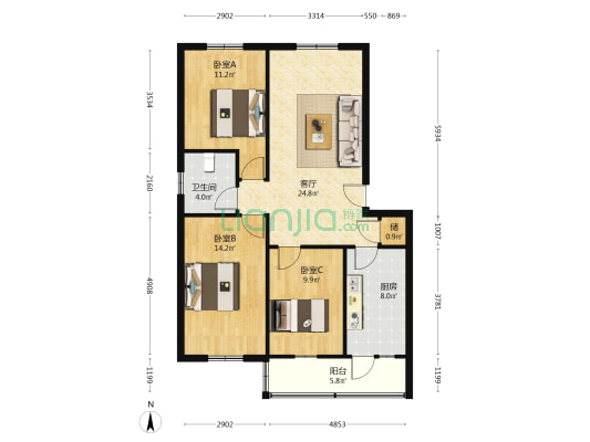 新华书店楼 3室1厅1卫 95平方