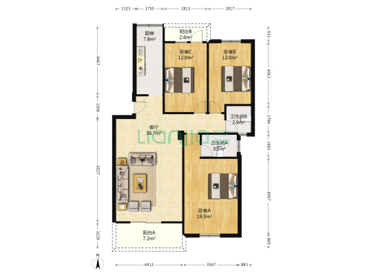彩虹湾 3室1厅2卫 121平方