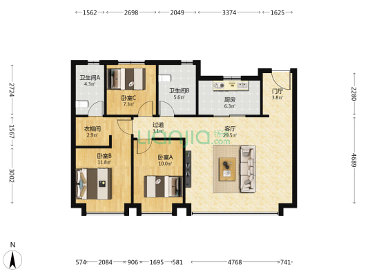 融创时代奥城DK5 3室1厅2卫 115平方