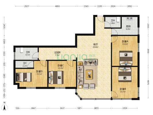 大元广场 4室1厅3卫 160平方