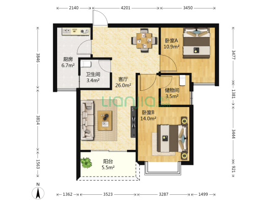 东方明都 2室1厅1卫 84平方