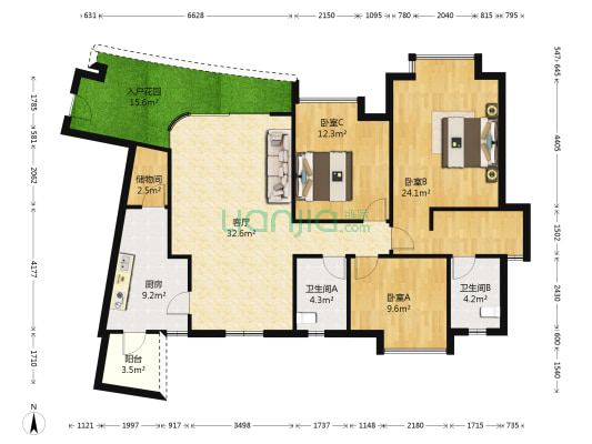 现代城市花园 3室1厅2卫 137平方