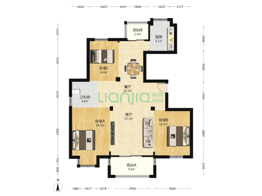 守望家园 3室2厅1卫 119平方
