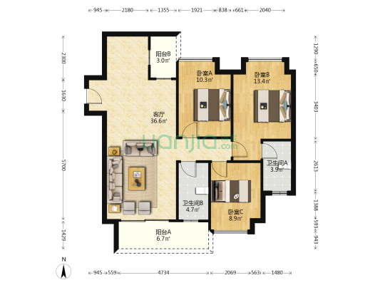兴进榕湖公馆 3室1厅2卫 98平方