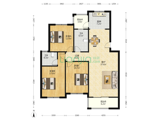金谷家园 3室1厅2卫 135平方