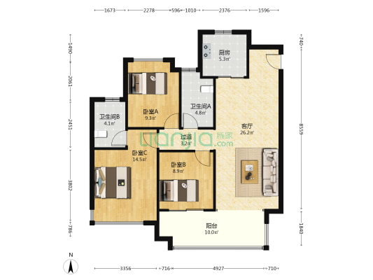 中海橙郡 3室1厅2卫 118平方