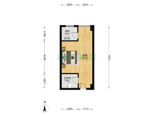 名流美域，朝北一居，毛坯房，满二，看房方便-户型图