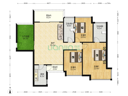 大运城邦卫城 3室1厅2卫 138平方