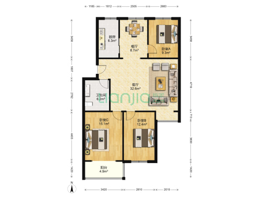 尚品阳光 3室2厅1卫 115平方