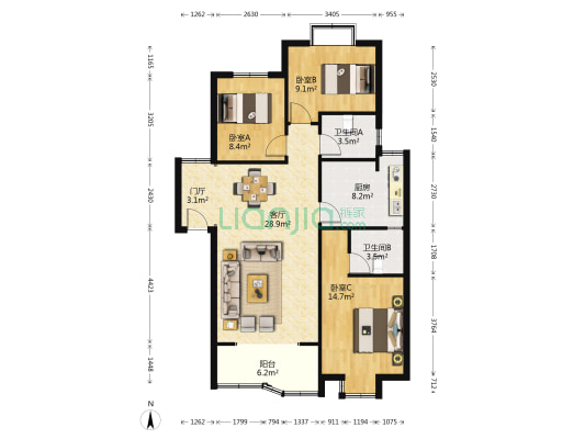 东风景秀 3室1厅2卫 105平方