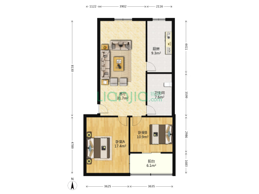 园田路18号院 2室1厅1卫 108平方