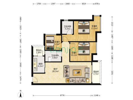 保利碧桂园悦公馆C区 3室1厅2卫 93平方