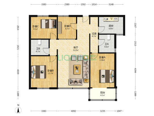 科城花园小区 4室1厅2卫 110平方