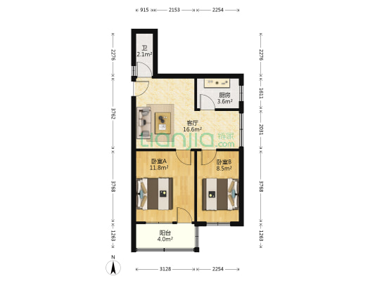 涂新小区 2室1厅1卫 57平方