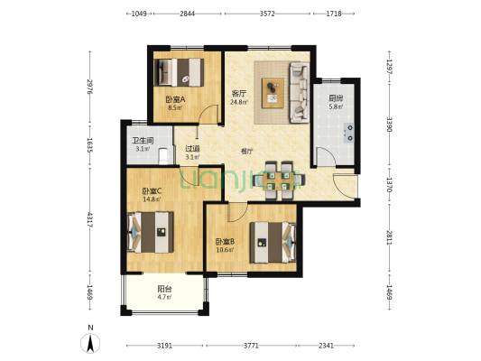 瑞城名邸 3室1厅1卫 102平方