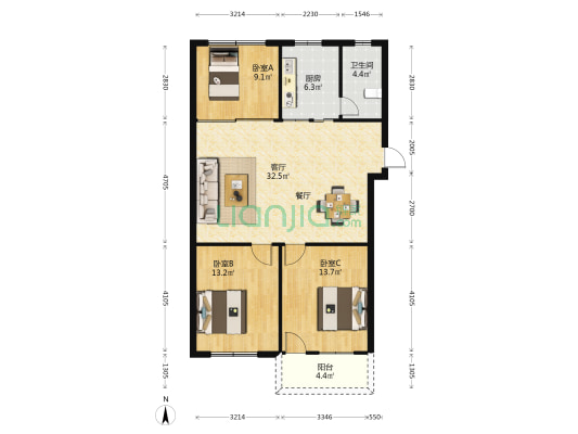 银华花园 3室1厅1卫 110平方
