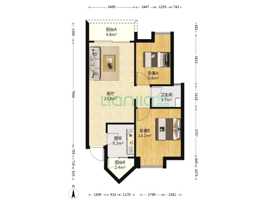 海江南花园 2室1厅1卫 84平方