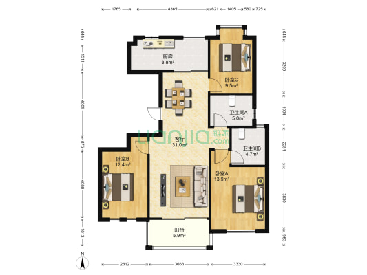 仁和英伦皇家花园 3室1厅2卫 126平方