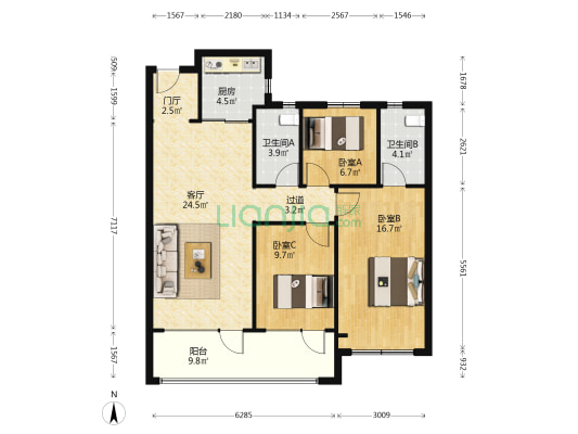 青岛卓越坊 3室1厅2卫 107平方