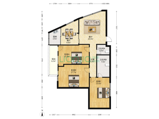 华侨新村 3室2厅2卫 121平方