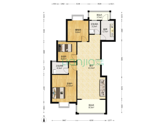 三江花中城 2室1厅2卫 120平方