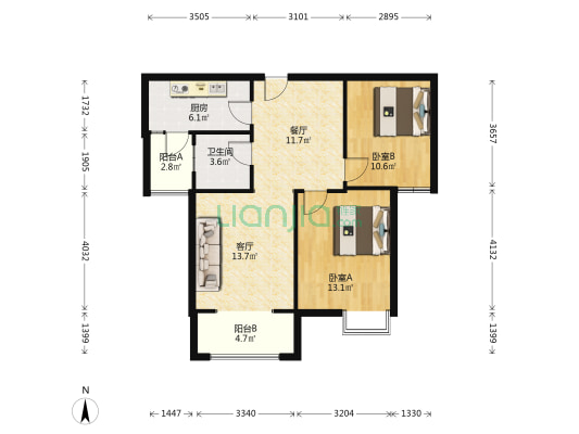 龙湖尚郡 2室2厅1卫 86平方