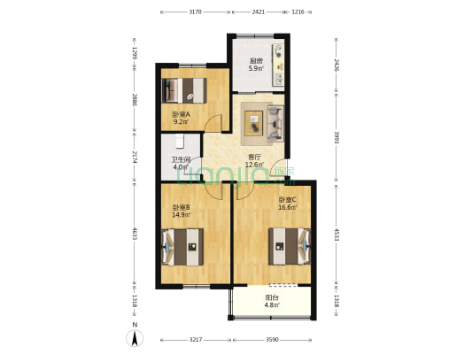 桃农小区 3室1厅1卫 85平方