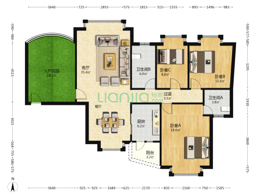 五洲花城一期澳洲园 3室1厅2卫 127平方