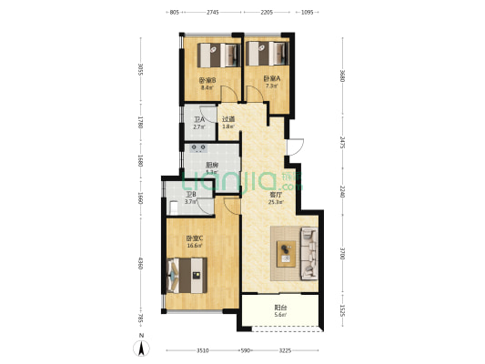 香格里拉蓝月春晓 3室1厅2卫 93平方