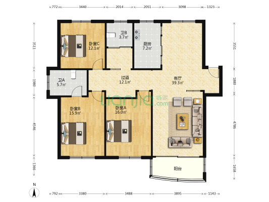 东景花园 3室1厅2卫 142平方