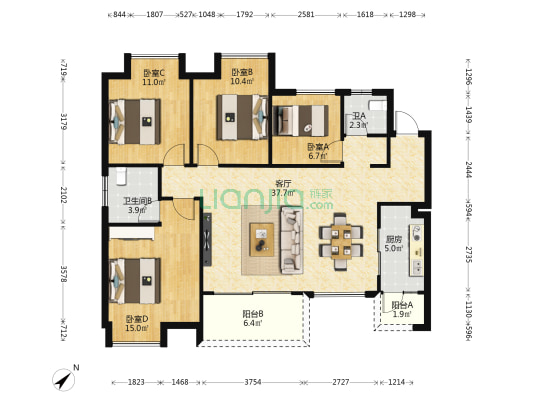 天泰钢城印象A区 4室1厅2卫 127平方