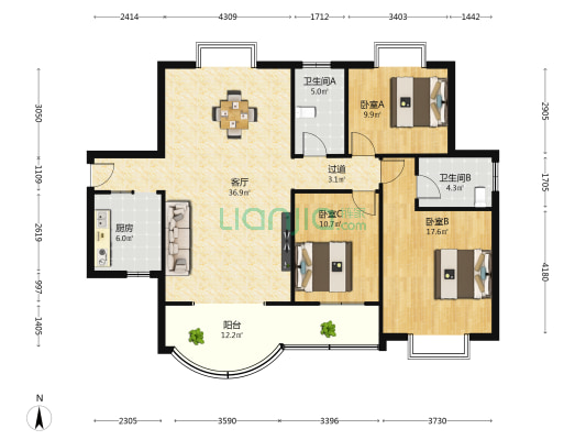 竹苑小区 3室1厅2卫 133平方
