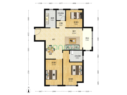 十里景园西区 3室1厅2卫 125平方
